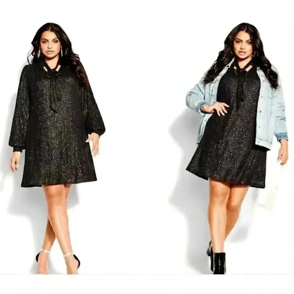 City Chic Fever Tie Womens 16W V Neck Sequined Mini Dress Black Stretch NEW - Picture 4 of 9